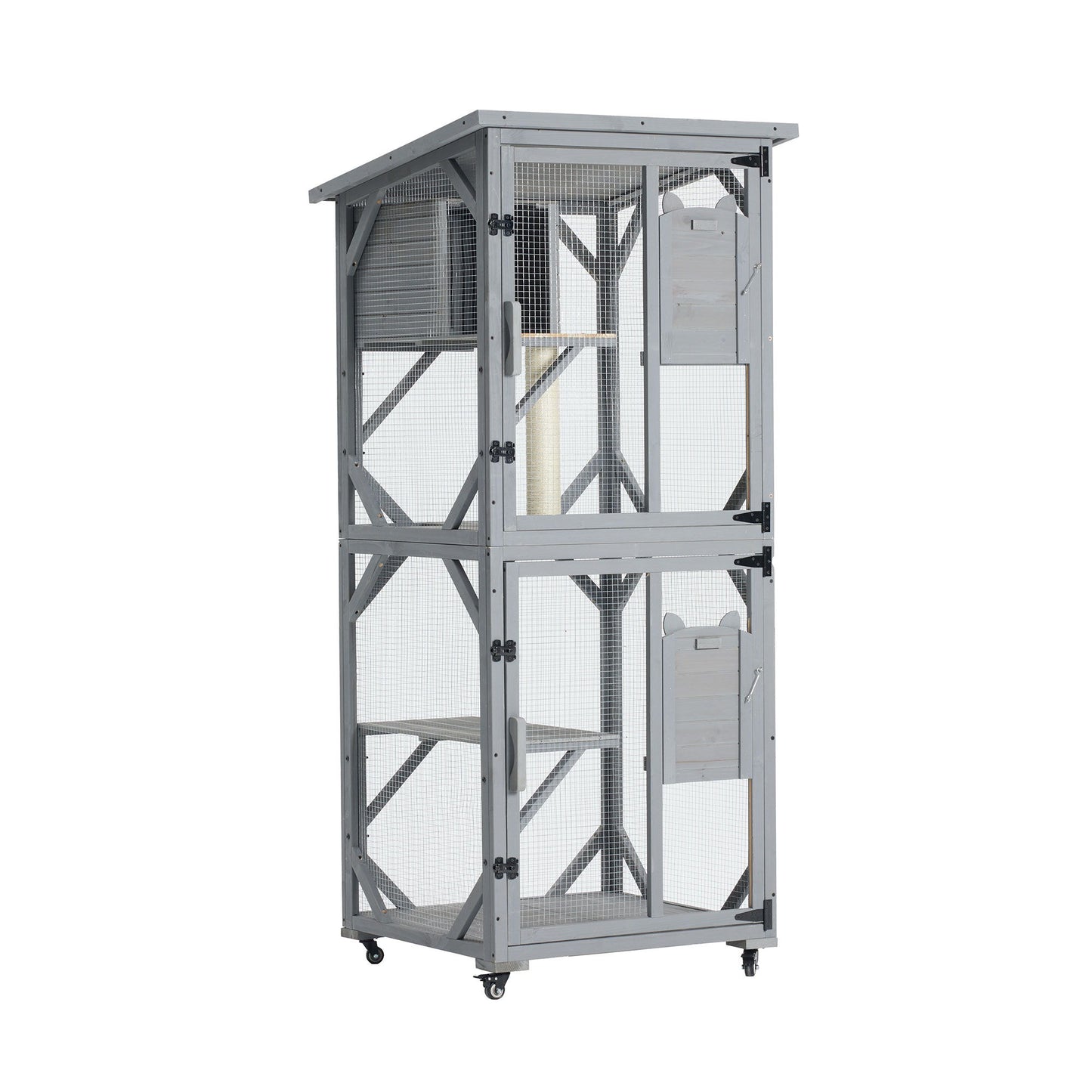 Large Cat House Outdoor Catio Cat Enclosures On Wheels, Kitty House With Upgraded Resting Box Waterproof Roof - Gray