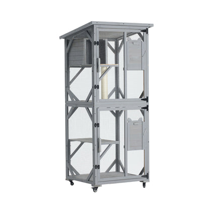 Large Cat House Outdoor Catio Cat Enclosures On Wheels, Kitty House With Upgraded Resting Box Waterproof Roof - Gray