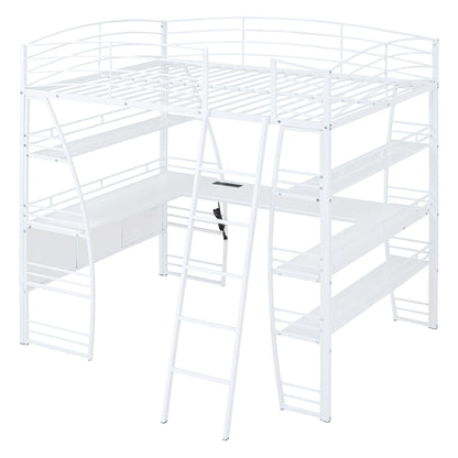 Loft Bed With 4 Layers Of Shelves And L-Shaped Desk, Stylish Metal Frame Bed With A Set Of Sockets, USB Ports And And Wireless Charging