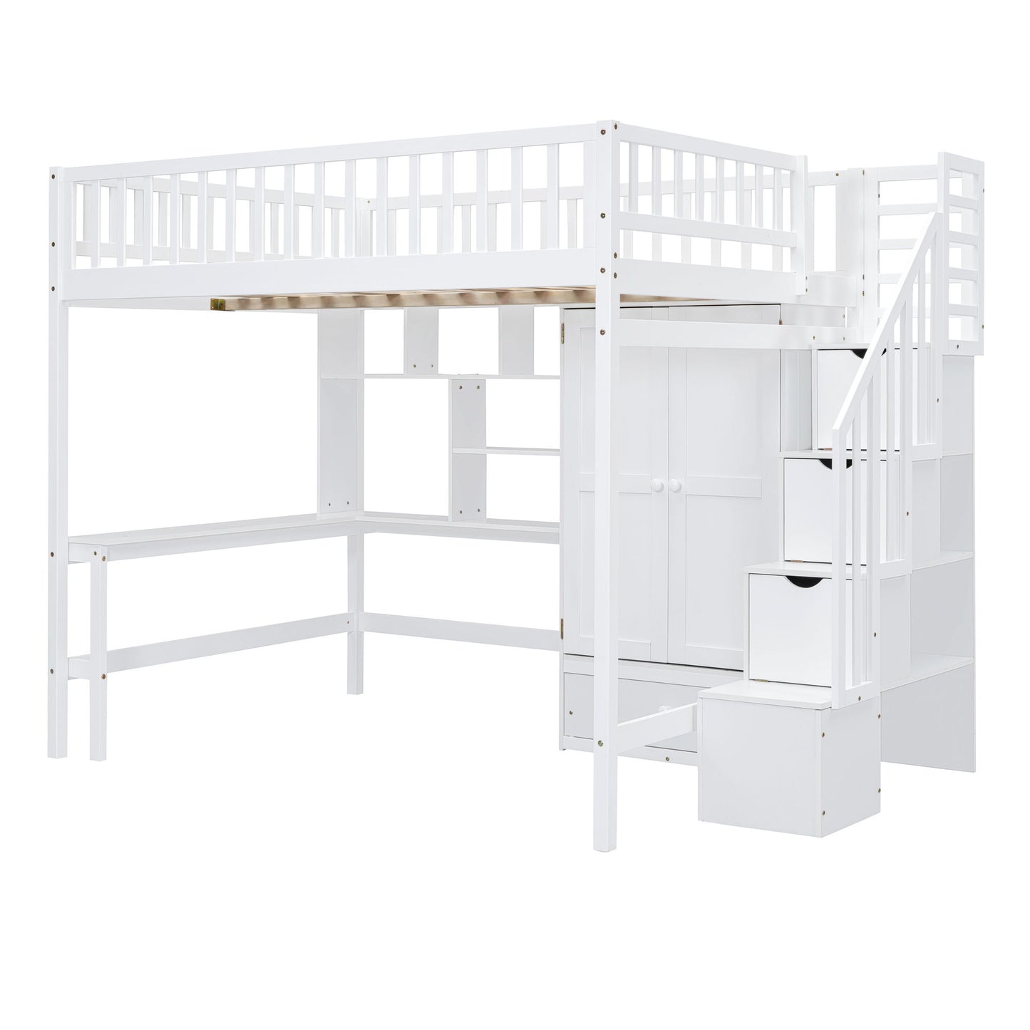 Loft Bed With Bookshelf, Drawers, Desk, And Wardrobe
