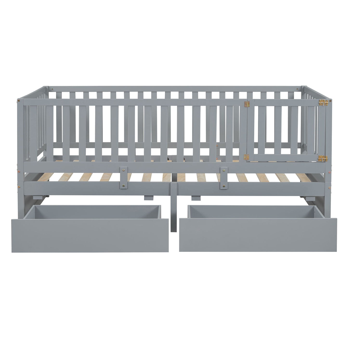 Daybed With Fence Guardrails And 2 Drawers, Split Into Independent Floor Bed & Daybed