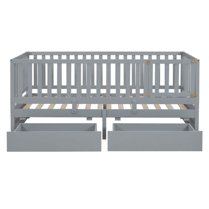 Daybed With Fence Guardrails And 2 Drawers, Split Into Independent Floor Bed & Daybed