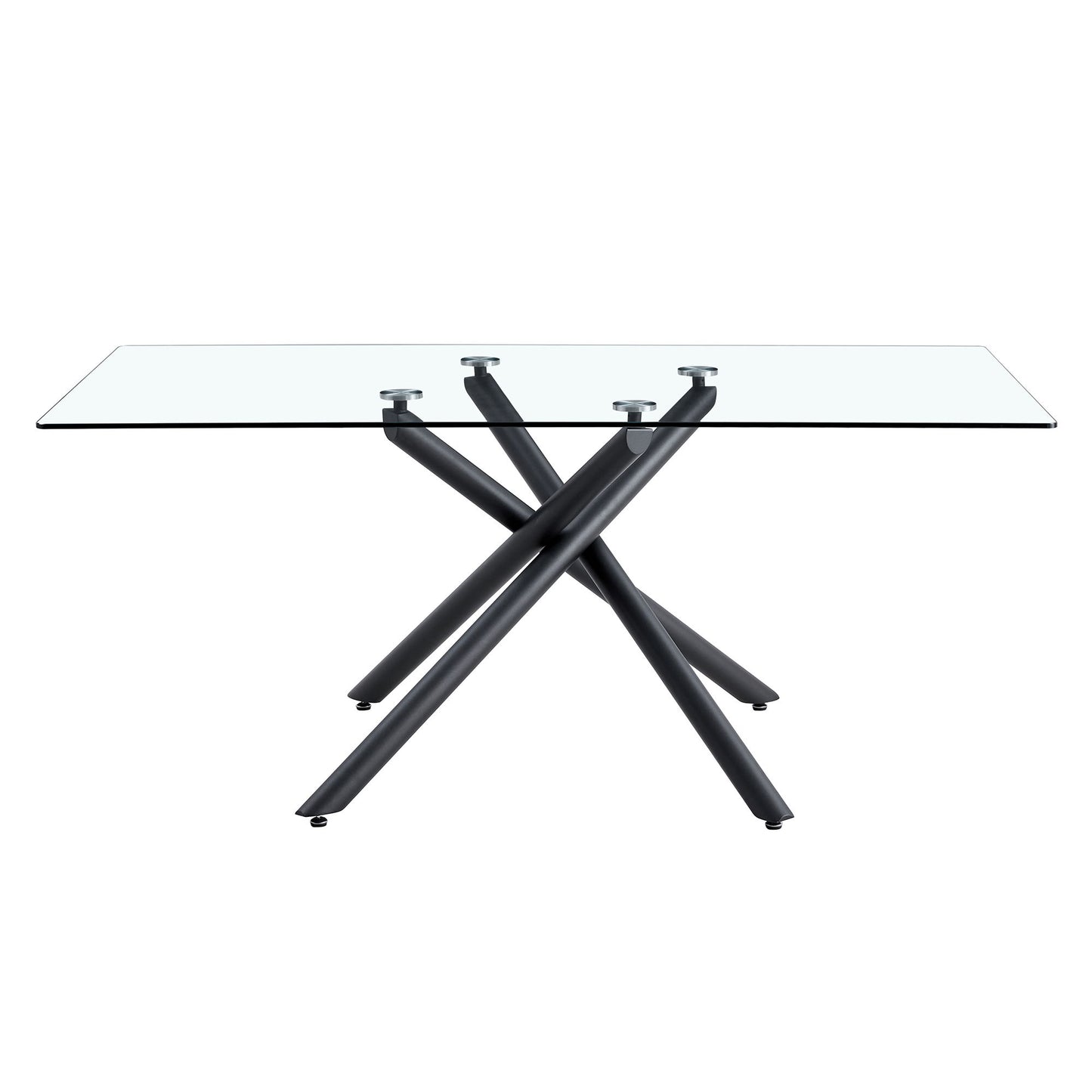 Minimalist Rectangular Glass Dining Table For 6 - 8 With Tempered Glass Top And Metal Legs - Black / Transparent