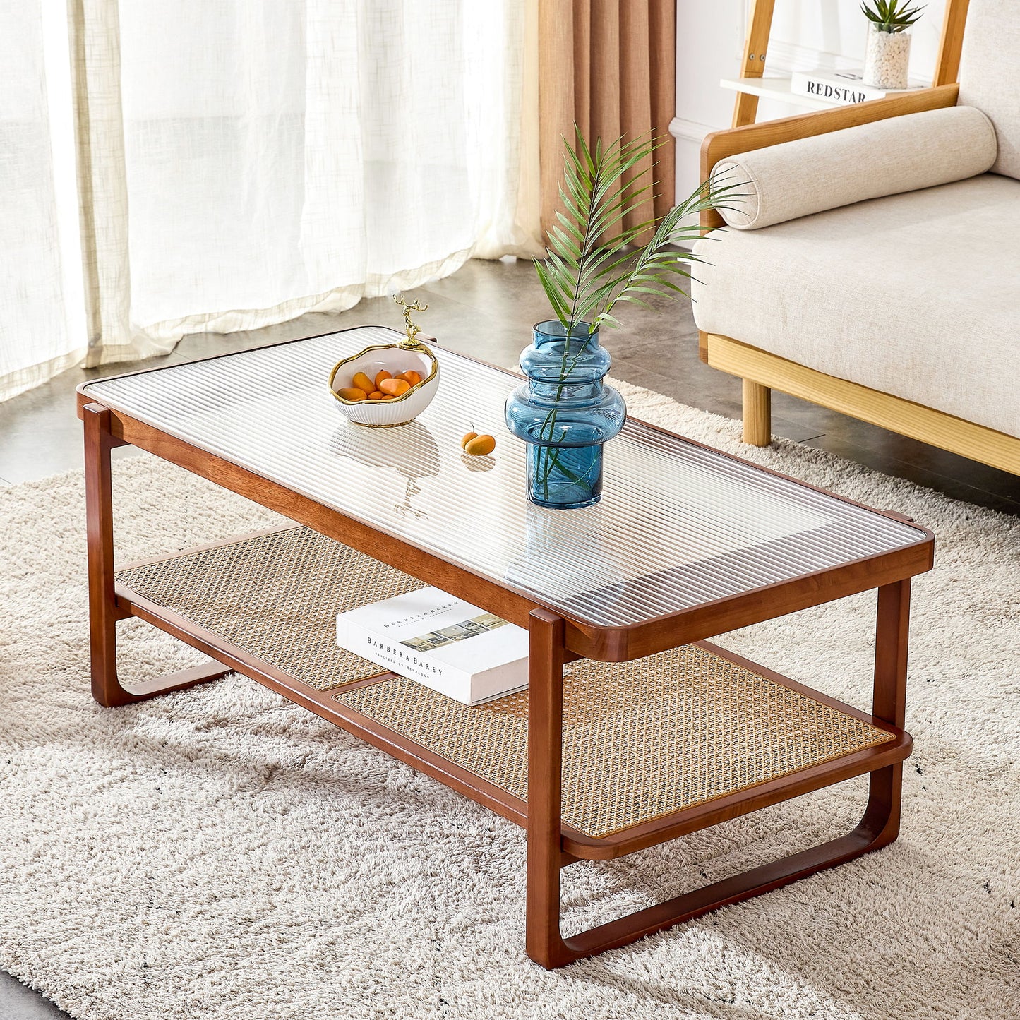 Modern Simple Rectangle Double Layer Solid Wood Glass Desktop Tea Table Rattan Woven Chinese Side Table Small Rectangle Table - Natural Wood
