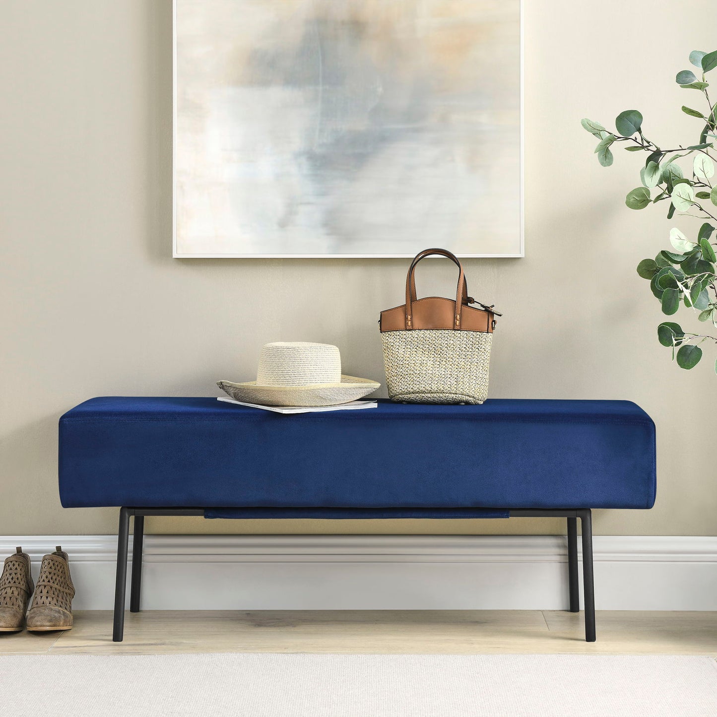 Contemporary Style Bedroom Velvet Upholstered Bench Velvet And Wood - Dark Blue