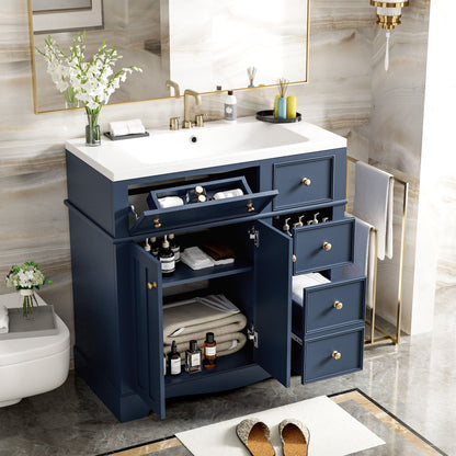 Bathroom Vanity With Resin Sink Combo, Frame Bathroom Storage Cabinet, Freestanding Vanity Set With 3 Drawers & Adjustable Shelf - Blue