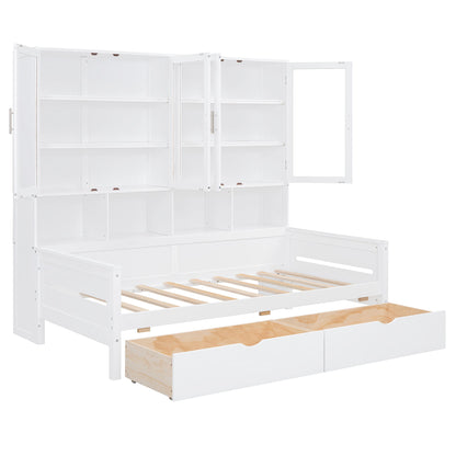 Daybed With Glass Door Storage Cabinets, Built In LED Lighting And Shelves