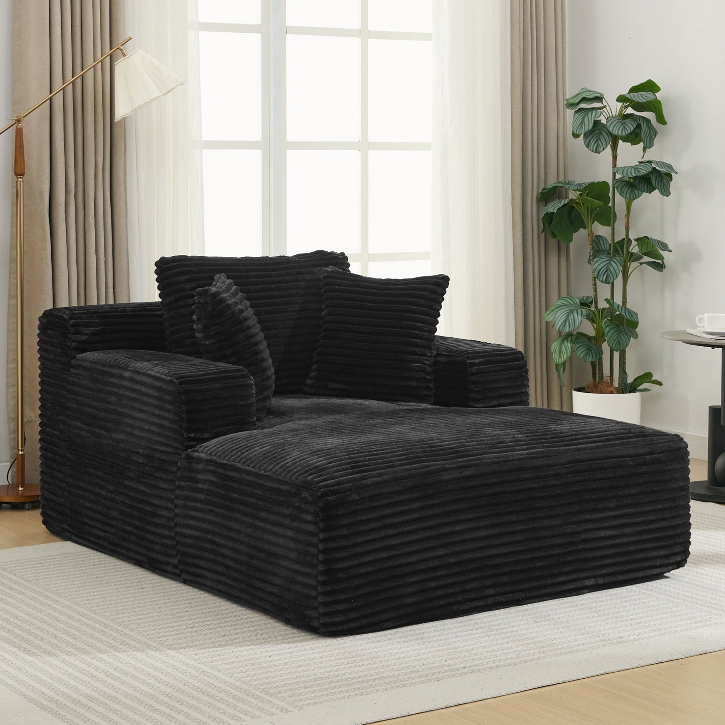 Modern Corduroy Chaise Lounge Sofa Bed With Removable Pillows, Upholstered Sleeper Sofa - Black