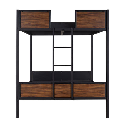 Full Over Full Bunk Bed Modern Style Steel Frame Bunk Bed With Safety Rail, Built-In Ladder For Bedroom - Brown