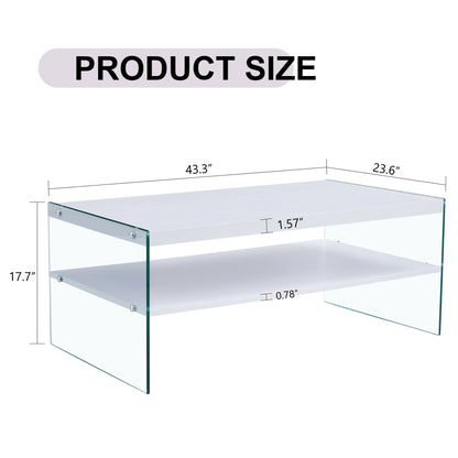 Modern Double Rectangular Coffee Table With Storage Function And Transparent Tempered Glass - White