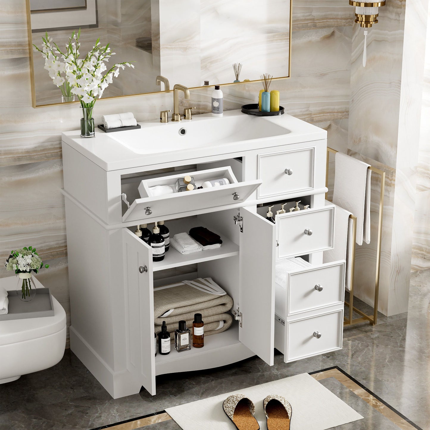 Bathroom Vanity With Resin Sink Combo, Frame Bathroom Storage Cabinet, Freestanding Vanity Set With 3 Drawers & Adjustable Shelf - White