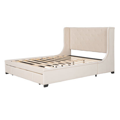 Storage Bed Velvet Upholstered Platform Bed With Wingback Headboard And A Big Drawer