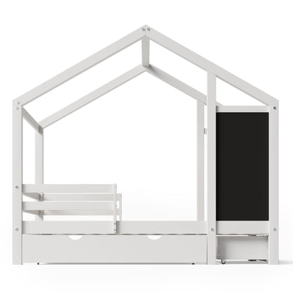 Twin House Bed With Blackboard And Drawers, 2 Assembly Options - White