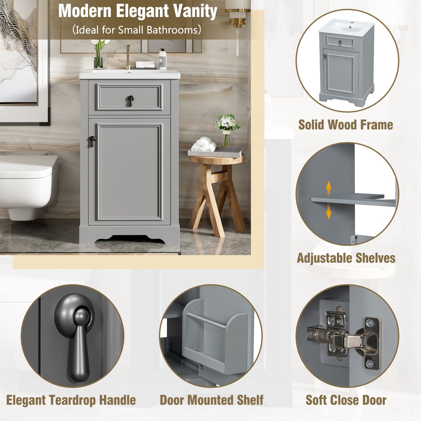 Bathroom Vanity With Ceramic Sink, Soft Close Door, Adjustable Shelf, And Storage Rack - Gray