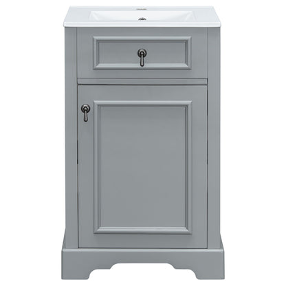 Bathroom Vanity With Ceramic Sink, Soft Close Door, Adjustable Shelf, And Storage Rack - Gray