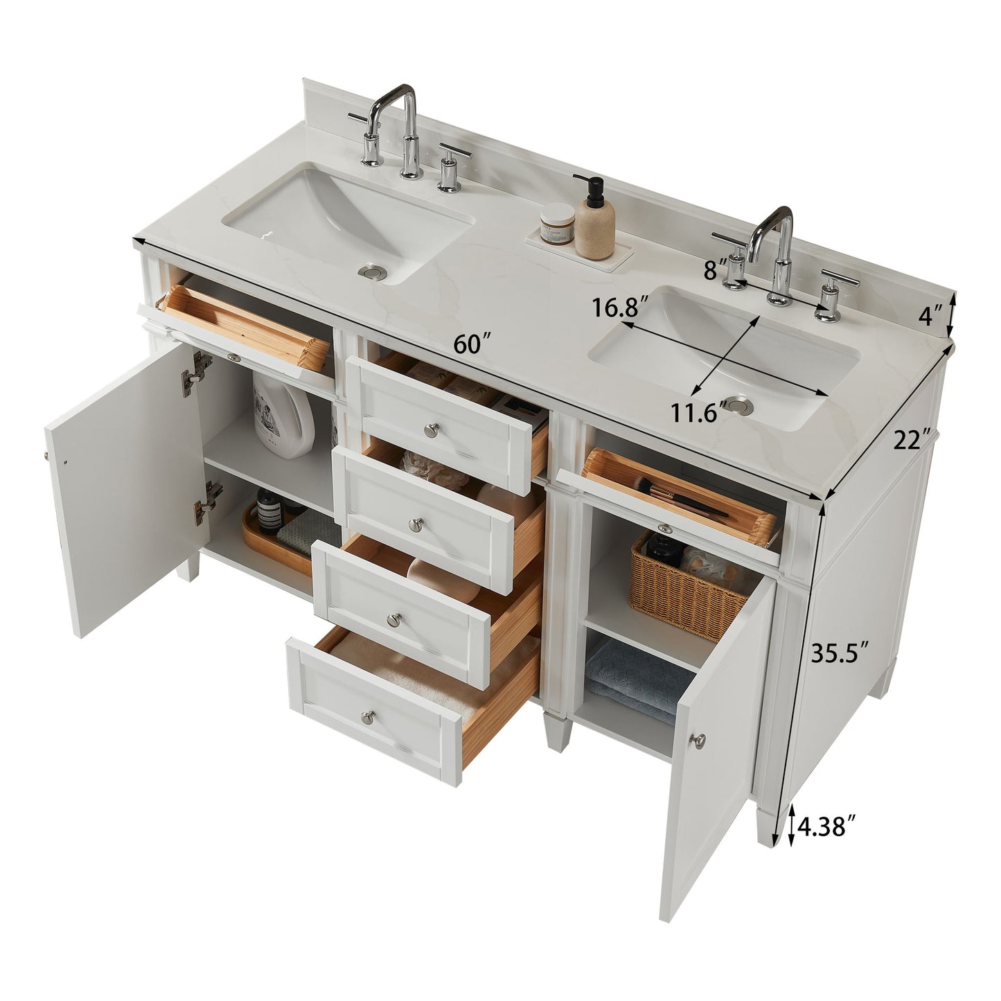 Fully Assembled 60'' Freestanding Double Sinks Bathroom Vanity With Quartz Top - White