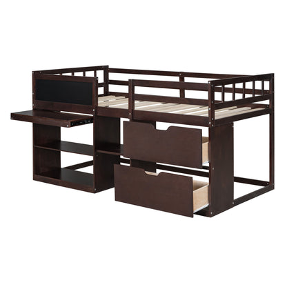 Low Loft Bed With Rolling Desk, Shelf And Drawers