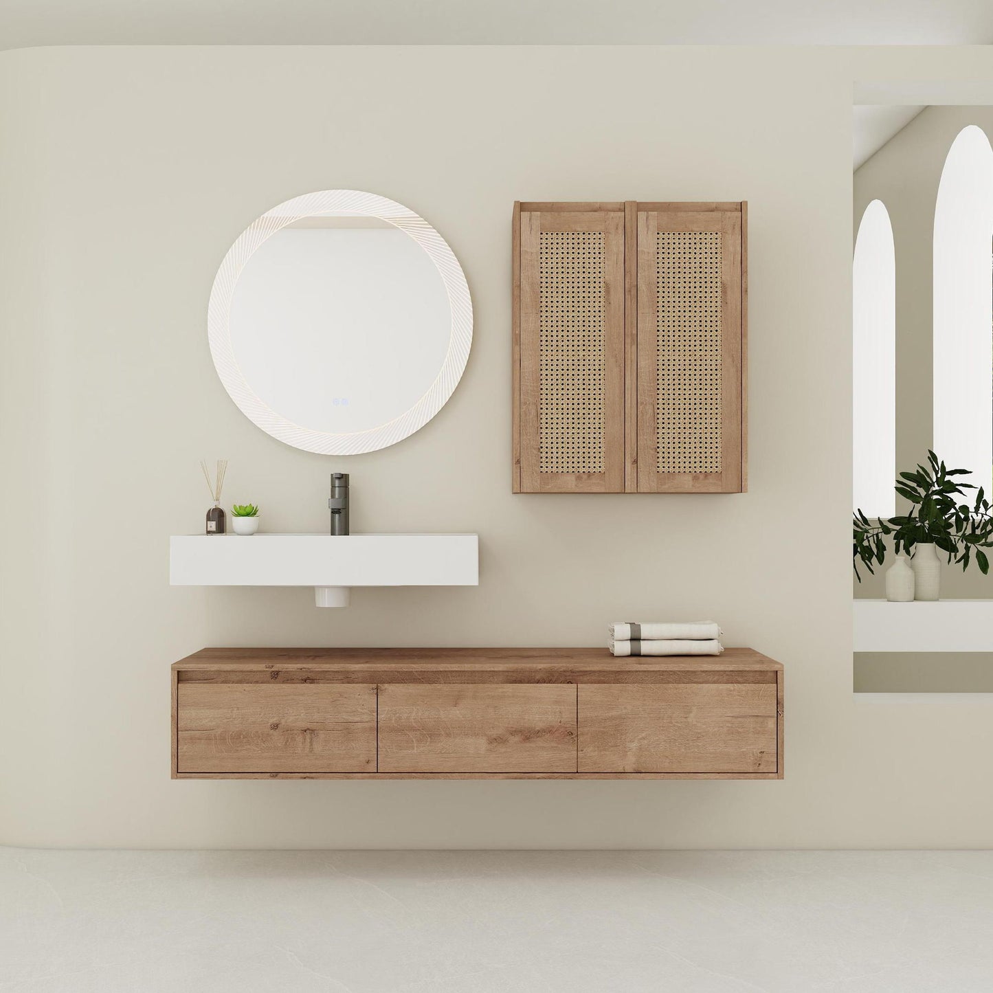 Modern Wall Mounted Bathroom Vanity With Resin Sink And 2 Side Cabinet, Imitative , Construction - Imitative Oak