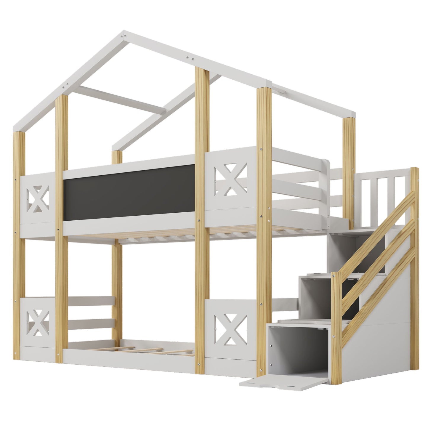 Twin Over Twin House Bunk Bed With White Storage Staircase And Blackboards - White