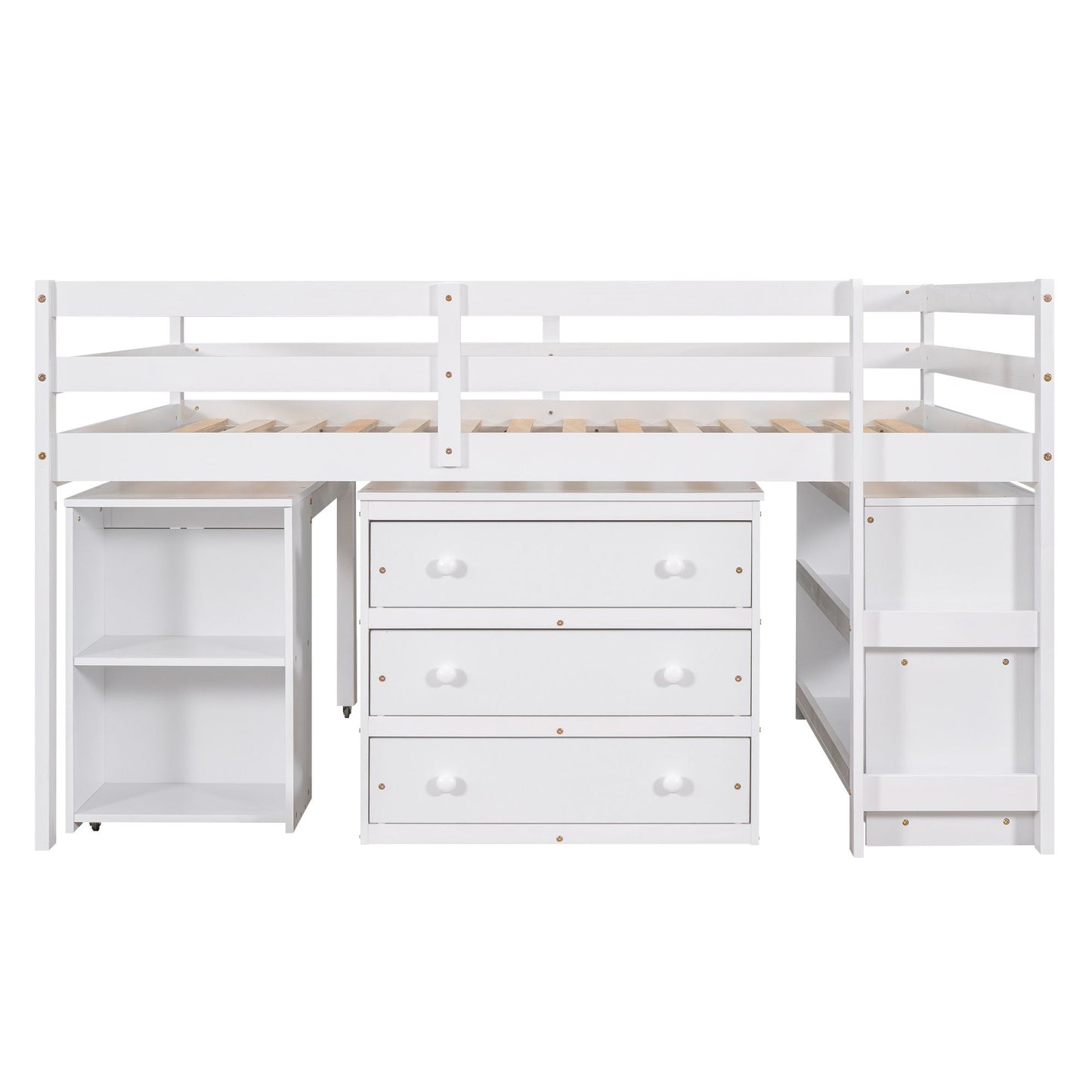 Loft Low Study Bed With Cabinet, Shelves And Rolling Portable Desk, Multiple Functions