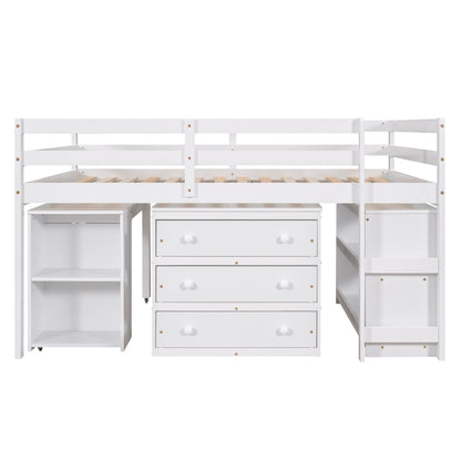 Loft Low Study Bed With Cabinet, Shelves And Rolling Portable Desk, Multiple Functions