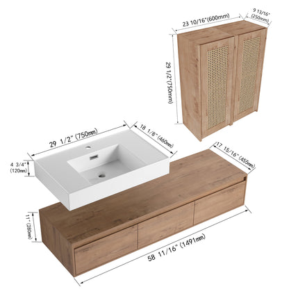 Modern Wall Mounted Bathroom Vanity With Resin Sink And 2 Side Cabinet, Imitative , Construction - Imitative Oak