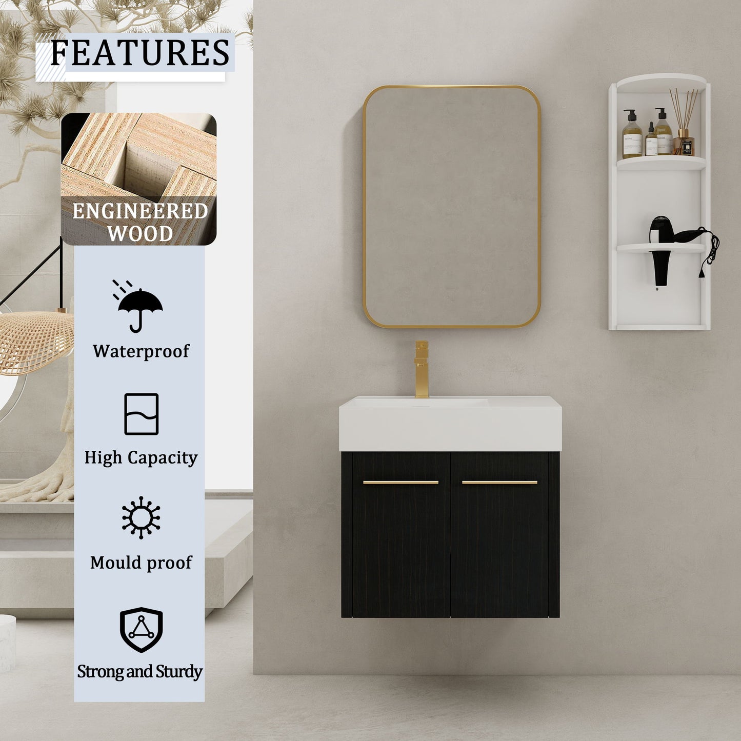 Modern Wall Mounted Bathroom Vanity With Thick Edge Resin Sink And Storage Rack