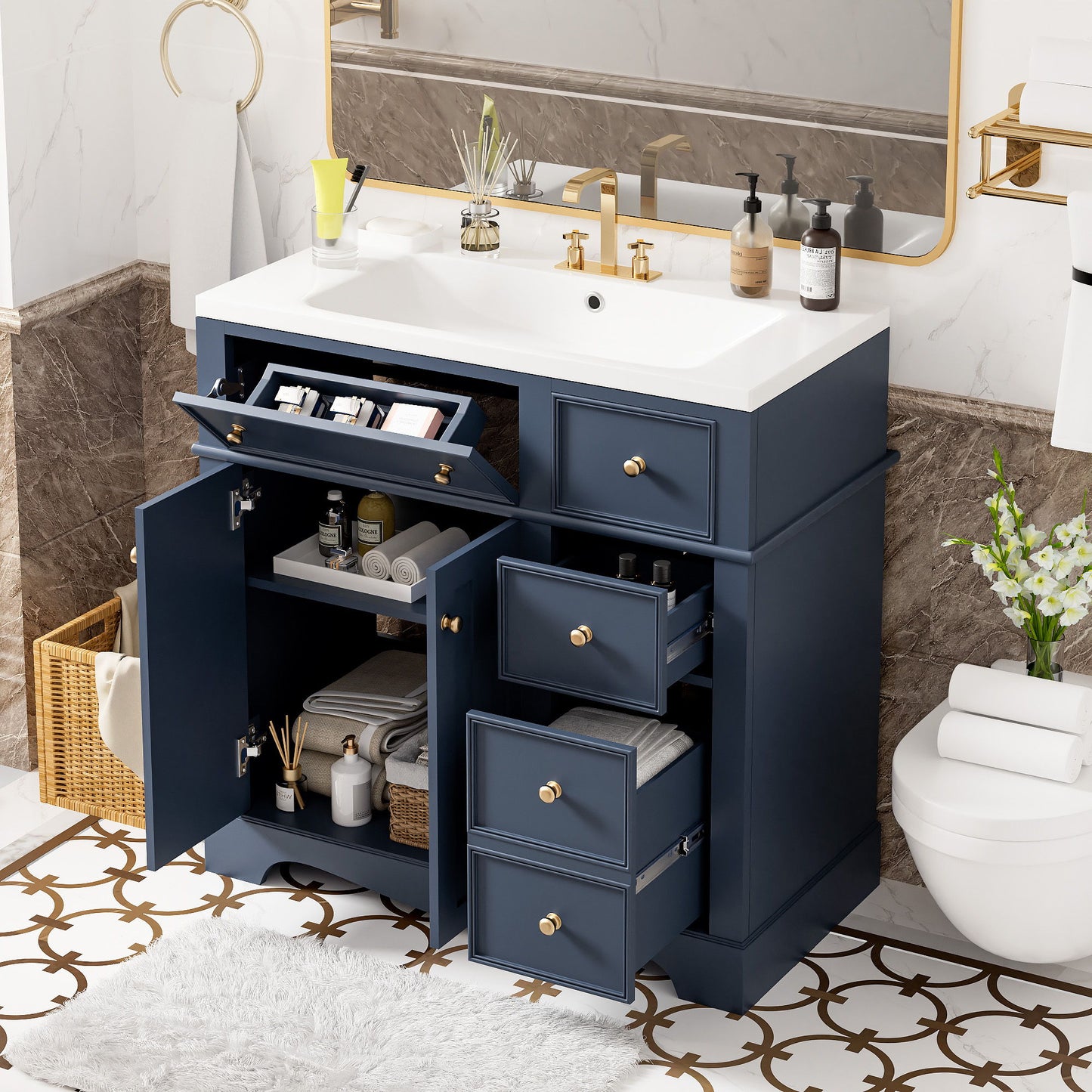 Bathroom Vanity With Resin Sink Combo, Frame Bathroom Storage Cabinet, Freestanding Vanity Set With 3 Drawers & Adjustable Shelf - Blue