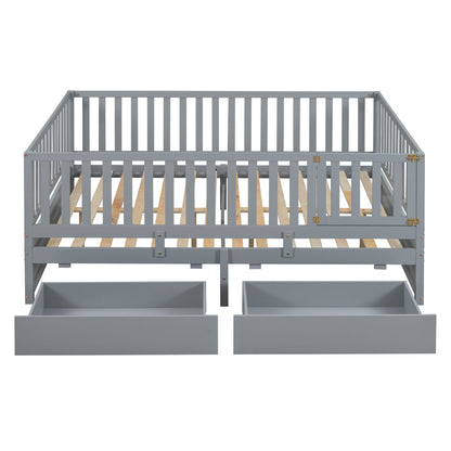 Daybed With Fence Guardrails And 2 Drawers, Split Into Independent Floor Bed & Daybed