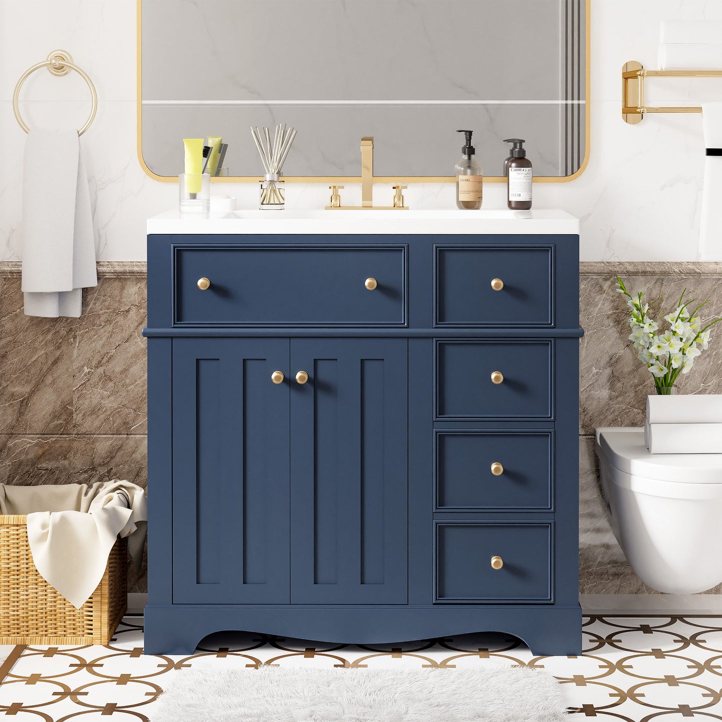 Bathroom Vanity With Resin Sink Combo, Frame Bathroom Storage Cabinet, Freestanding Vanity Set With 3 Drawers & Adjustable Shelf - Blue