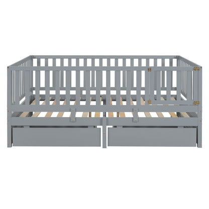 Daybed With Fence Guardrails And 2 Drawers, Split Into Independent Floor Bed & Daybed