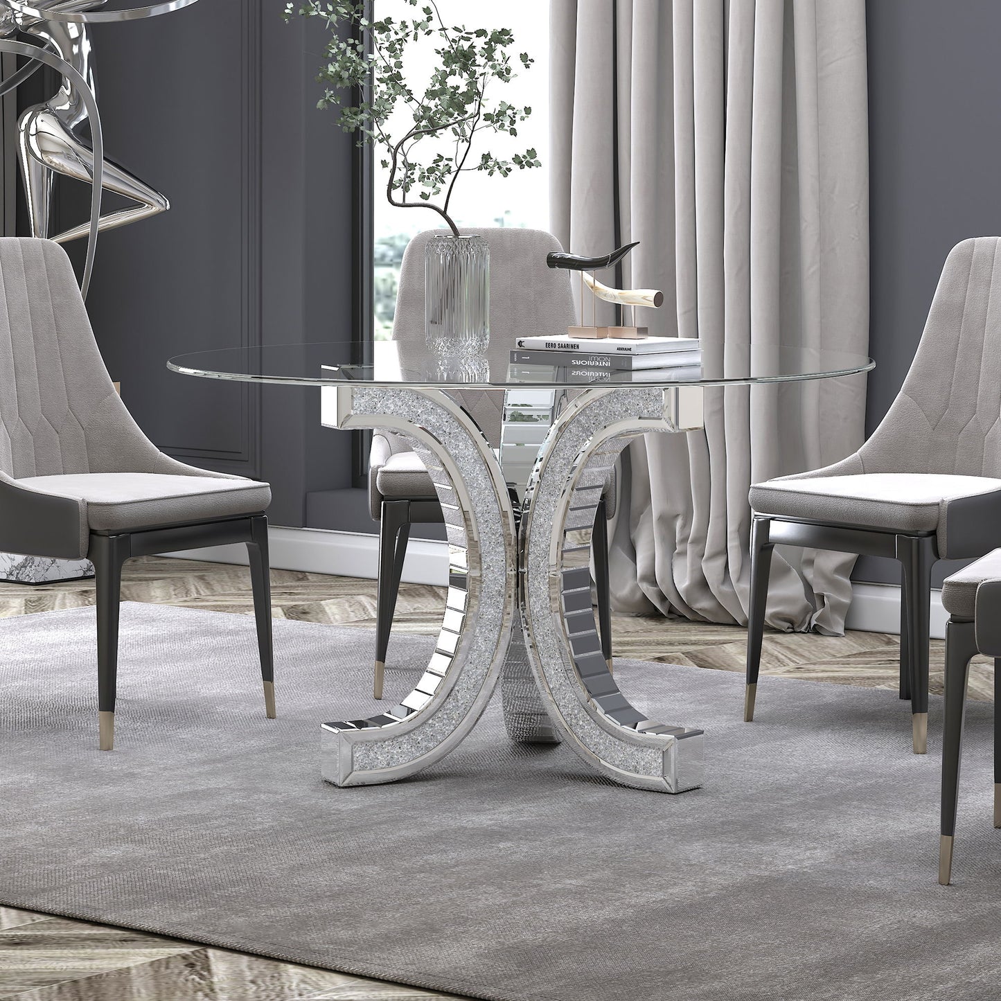 Round Glass Pedestal Dining Table With Tempered Glass Top - Silver