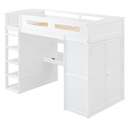 Loft Bed With Desk, Wardrobes, 4 Drawers And 4 Shelves
