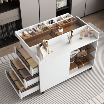 Multi-Functional Storage Island Movable Storage Cabinet Island Vanity Dresser With 3 Side Storage Drawer, A Reversible Top Storage Space And 2 Glass Display Shelves - White