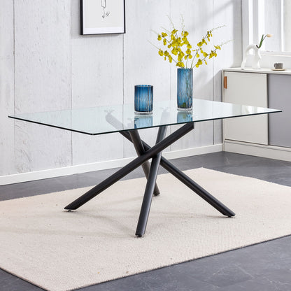 Minimalist Rectangular Glass Dining Table For 6 - 8 With Tempered Glass Top And Metal Legs - Black / Transparent