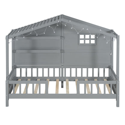 House Bed With Shelves, Window And Sparkling Light Strip On The Roof