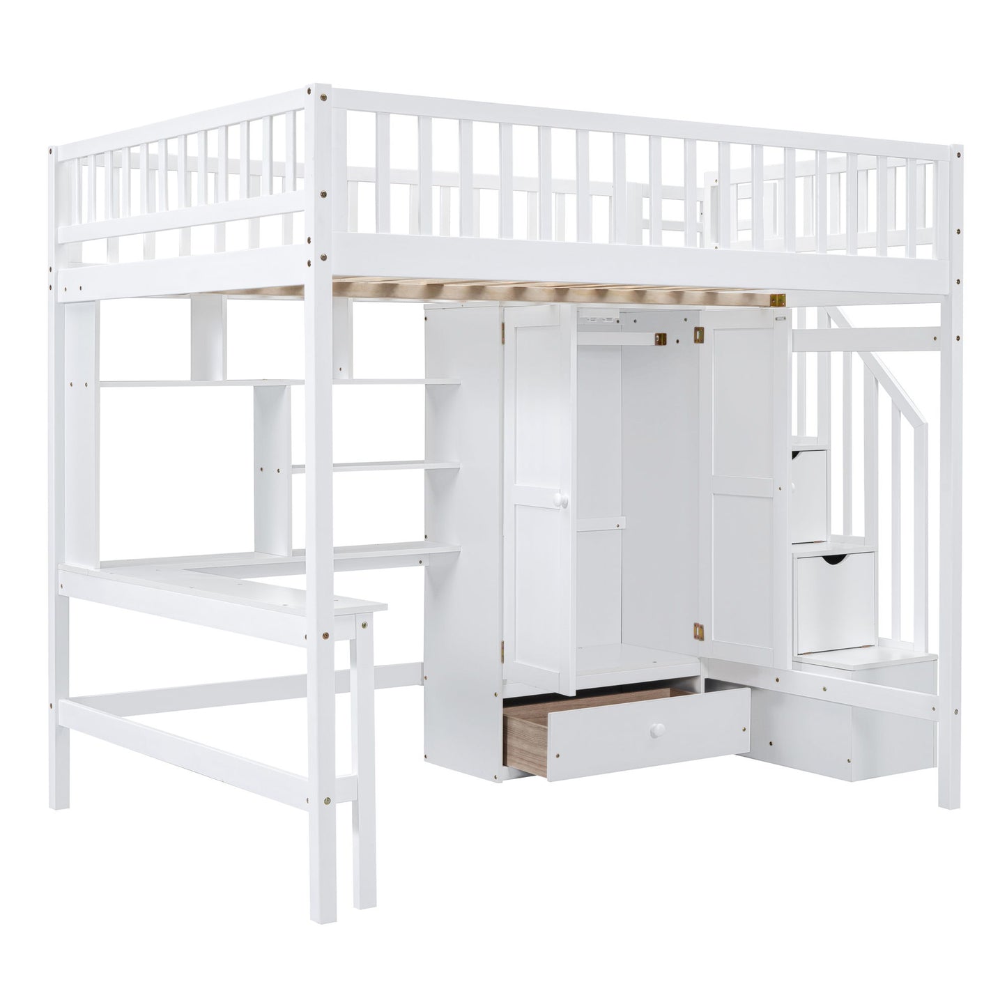 Loft Bed With Bookshelf, Drawers, Desk, And Wardrobe