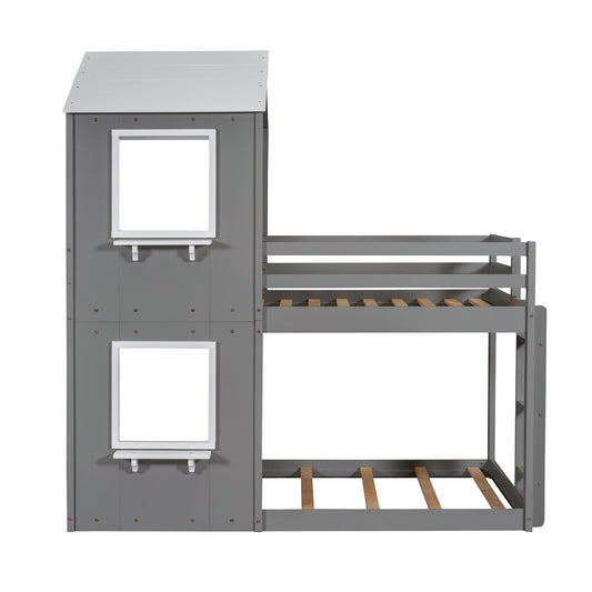 Bunk Bed Wood Bed & Roof, Window, Guardrail, Ladder
