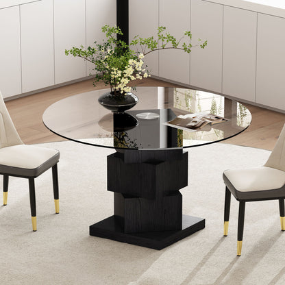 Wood Pedestal Round Dining Table Tempered Glass Top - Black