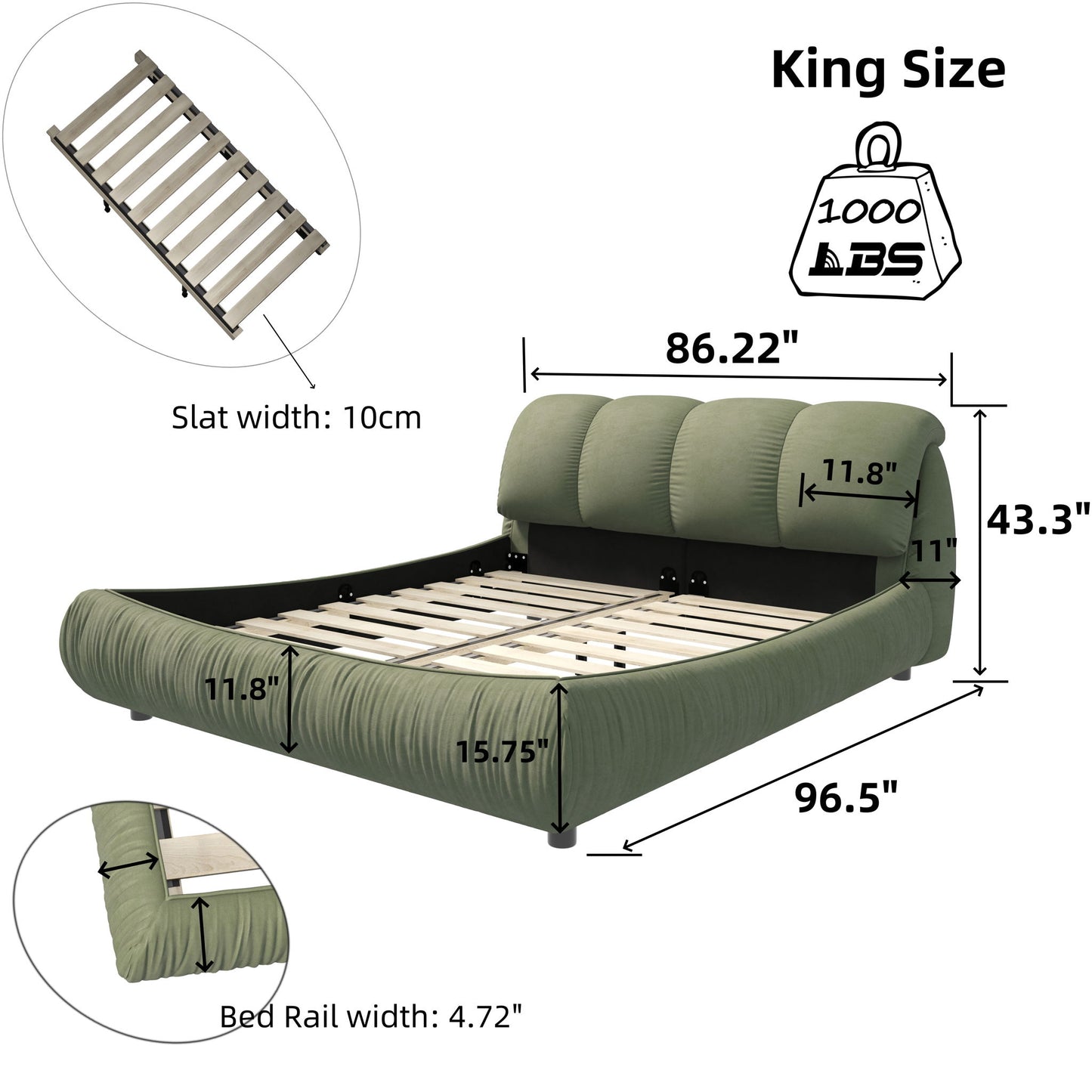 Luxury Upholstered Platform Bed With Oversized Padded Backrest And Solid Wood Frame