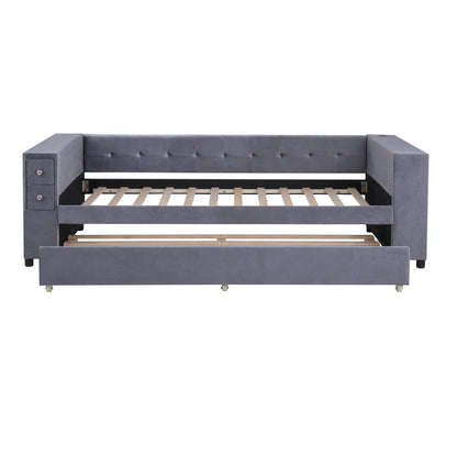 Upholstered Bed With Storage And Twin Trundle, USB Charging Ports