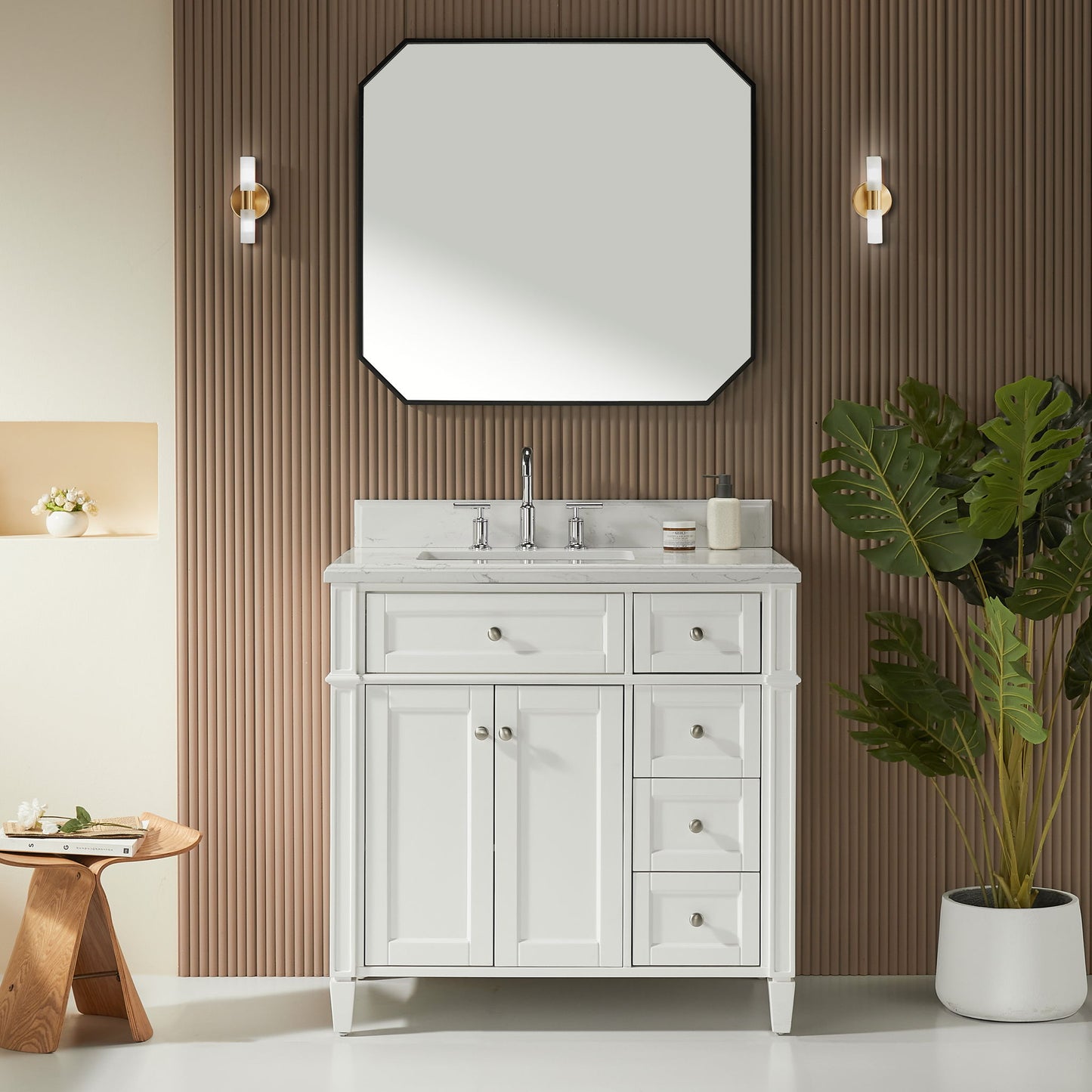 Freestanding Single Sink Bathroom Vanity With Solid Wood Construction And Engineered Marble Top - White