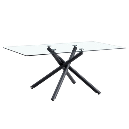 Modern Minimalist Rectangular Glass Dining Table For 6 - 8 With Tempered Glass Top And Metal Legs - Black / Transparent