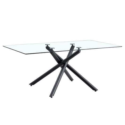 Modern Minimalist Rectangular Glass Dining Table For 6 - 8 With Tempered Glass Top And Metal Legs - Black / Transparent