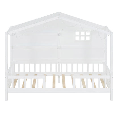 House Bed With Shelves, Window And Sparkling Light Strip On The Roof