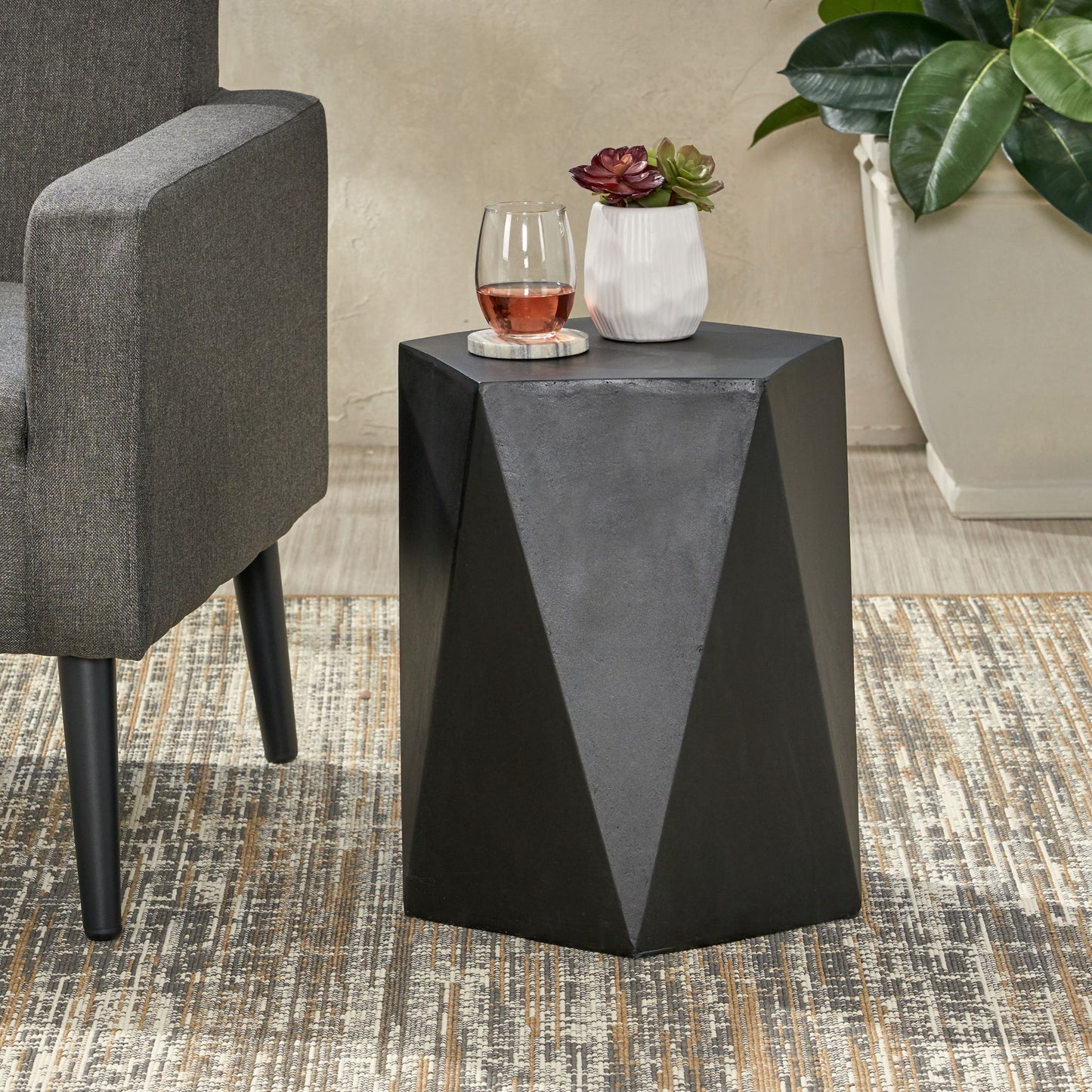 Side Table With Geometric Design - Black