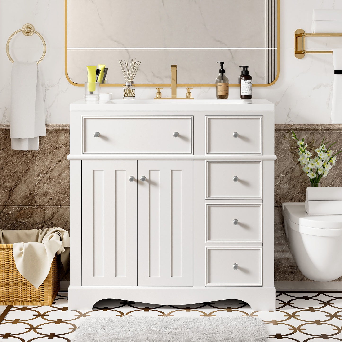 Bathroom Vanity With Resin Sink Combo, Frame Bathroom Storage Cabinet, Freestanding Vanity Set With 3 Drawers & Adjustable Shelf - White