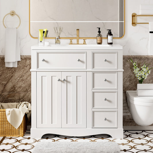 Bathroom Vanity With Resin Sink Combo, Frame Bathroom Storage Cabinet, Freestanding Vanity Set With 3 Drawers & Adjustable Shelf - White
