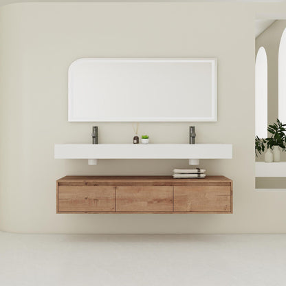 Contemporary Wall Mounted Bathroom Vanity With Dual Resin Sink And Soft Close Drawer