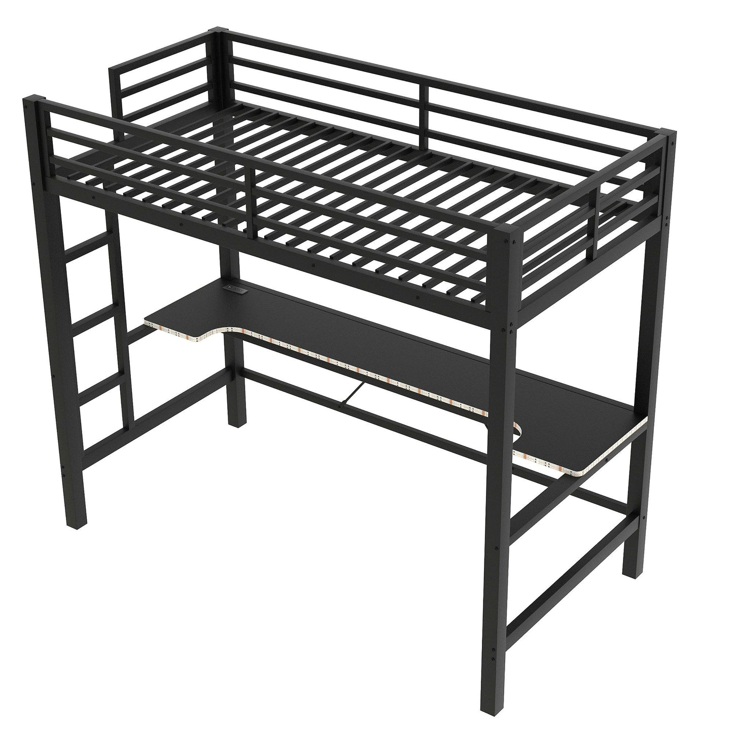 Gaming Metal Loft Bed Frame With LED Light, USB Charge Station And Desk